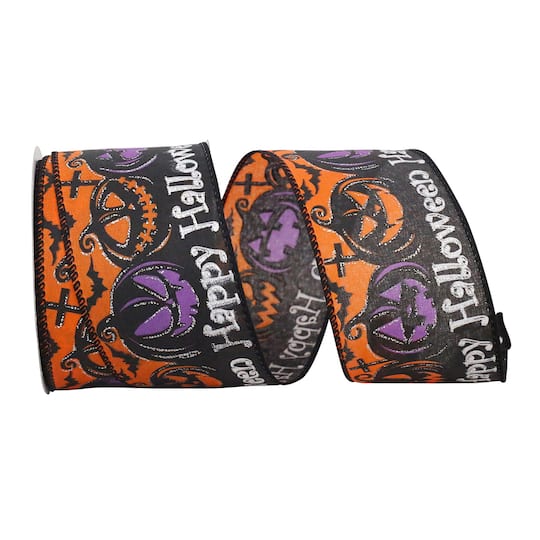 Reliant 2.5&#x22; x 10yd. Orange &#x26; Purple Spooky Halloween Jack-o-Lantern Wired Ribbon